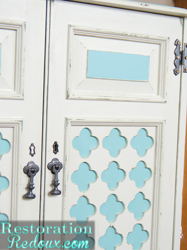 ivory and blue vintage cabinet, painted furniture, Front close up