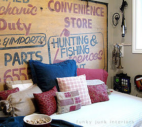 how to create your own headboard from junk, bedroom ideas, crafts, doors, home decor, repurposing upcycling, An old grocer s sign became a whimsical wall element behind a daybed for a playroom Coordinate bedding with the sign graphics and call it done Visit post at