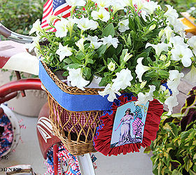 are you decorating your bike for the fourth of july, christmas decorations, flowers, gardening, patriotic decor ideas, repurposing upcycling, seasonal holiday d cor, I gathered up some crepe paper by sewing a straight line down the middle and pulling the ends and then glued a print on top of it from The Graphics Fairy
