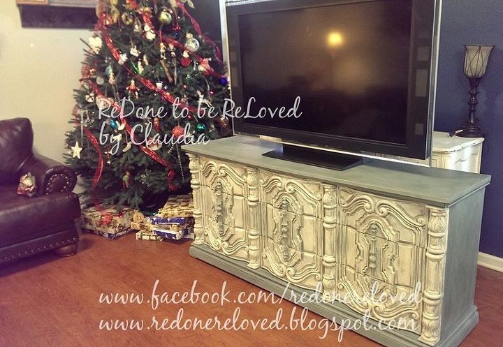 70s mediterranean dresser makeover the beautiful beast, painted furniture, I posed it as a media console to show people how big and beautiful it is PS I didn t have the energy to move my real media console no judging
