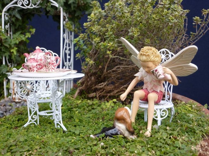 more fabulous fairy gardens, crafts, gardening, Fairy boy and dog at a tea party