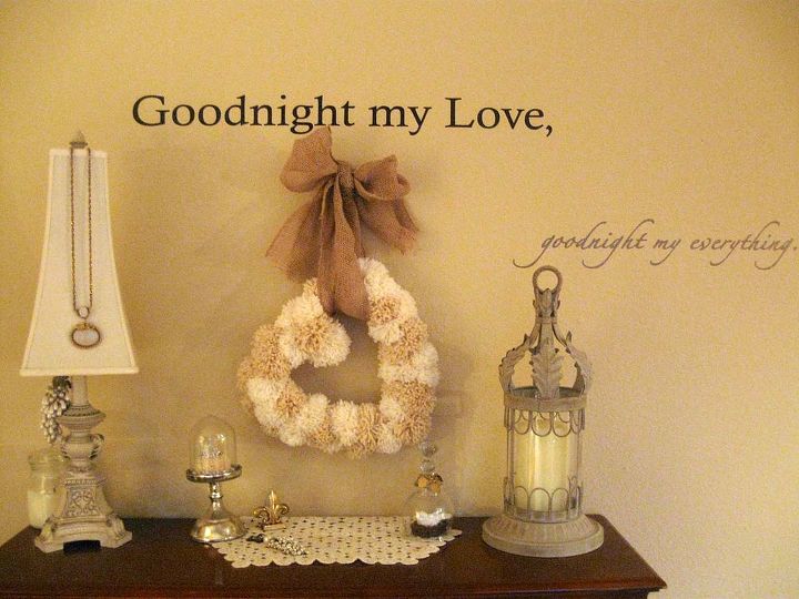 pom pom heart wreath, crafts, seasonal holiday decor, wreaths, I placed it in my bedroom with an appropriate wall saying for the holiday