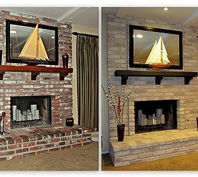 painting a brick fireplace, fireplaces mantels, home decor, painting, Before and After Brick Anew Fireplace Brick Paint