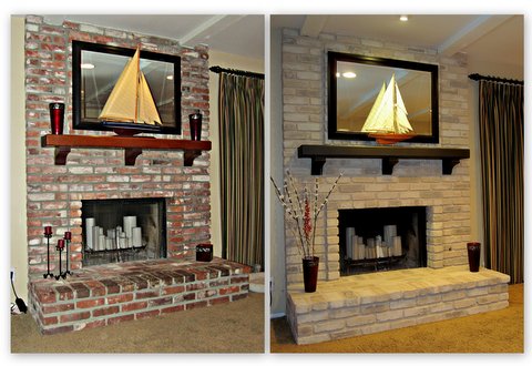 painting a brick fireplace, fireplaces mantels, home decor, painting, Before and After Brick Anew Fireplace Brick Paint
