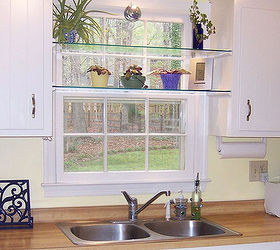 diy glass shelves in front of kitchen window, shelving ideas, See through glass window shelves allow light in and give you a spot to set your plants