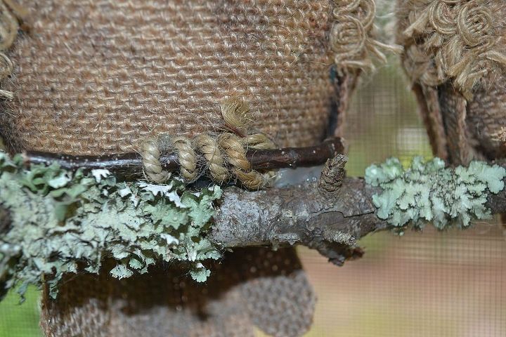 burlap owls on a lichen branch swing, crafts, repurposing upcycling