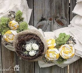 ruffled muslin spring wreath, crafts, seasonal holiday decor, wreaths, A bird nest rolled fabric flowers and moss