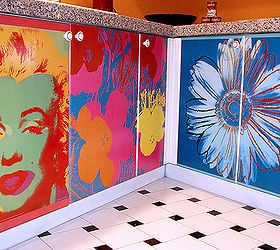 decoupage kitchen cabinets with andy warhol posters, home decor, kitchen cabinets, kitchen design, I had never decoupaged anything prior to doing this kitchen I googled how to decoupage cabinets and found the world master of decoupage Durwin Rice author of New Decoupage who taught me how to do it