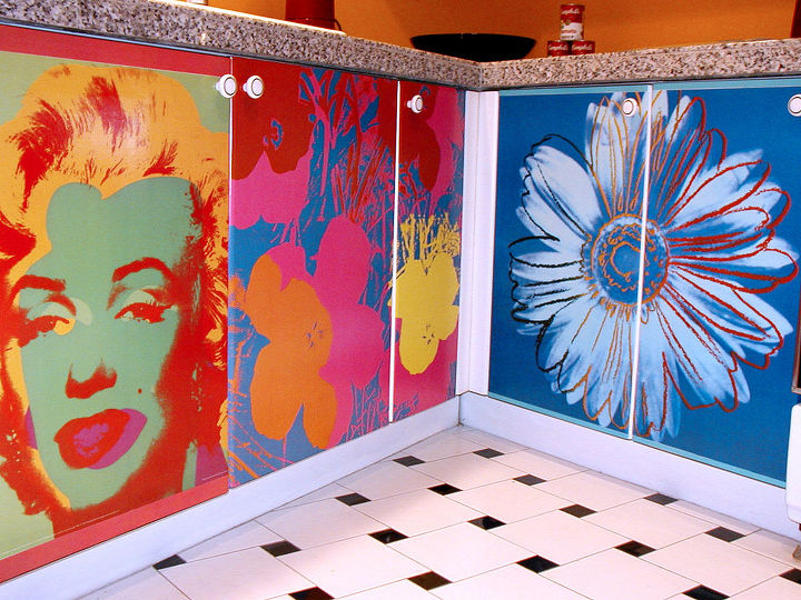 decoupage kitchen cabinets with andy warhol posters, home decor, kitchen cabinets, kitchen design, I had never decoupaged anything prior to doing this kitchen I googled how to decoupage cabinets and found the world master of decoupage Durwin Rice author of New Decoupage who taught me how to do it