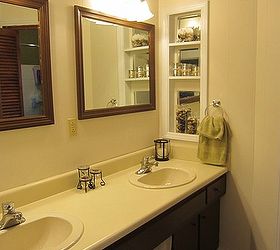 bathroom makeover on a 48 budget, bathroom ideas, home decor, home improvement, shelving ideas, trim and vanity have been painted the same color this is high def paint that is suitable for outdoors too