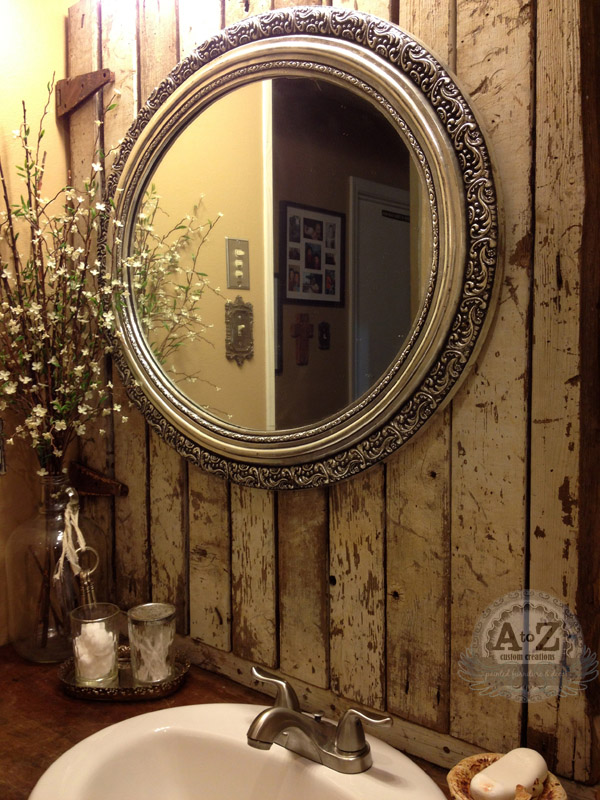 turning a dresser into a bathroom vanity, bathroom ideas, painted furniture, repurposing upcycling, small bathroom ideas, I hung an old vanity mirror from the chippy barn gate