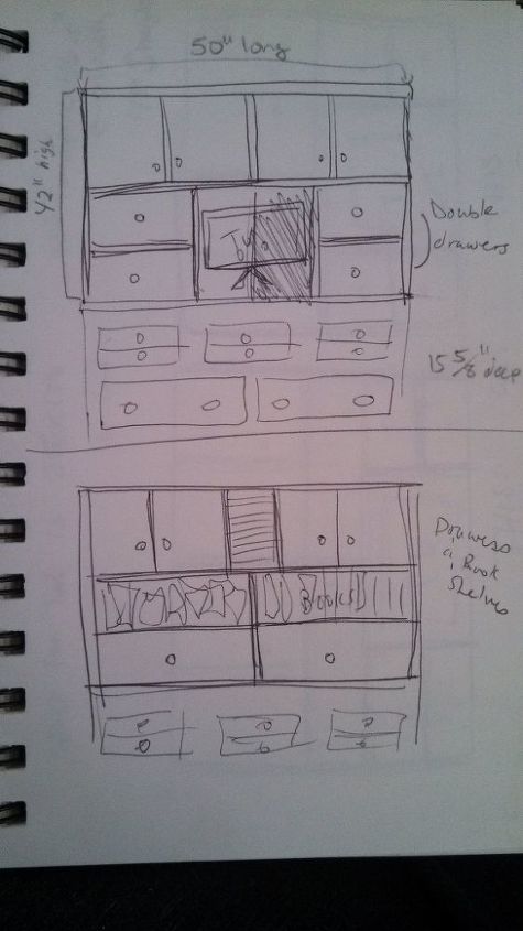I drew a lot of plans, some good and some bad, as to how to break up the storage. I needed drawers, cupboards and shelves. So I broke the plan up into quadrants with the 2 sections up top being cupboards, 1 bank of drawers and another of shelves that could be converted to drawers or cupboards in the future.