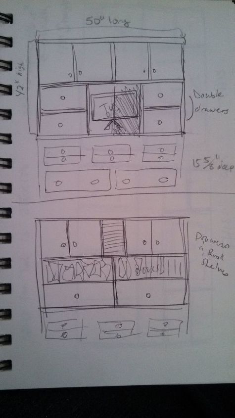 make your own mule chest or long chest topper, diy, how to, painted furniture, woodworking projects, I drew a lot of plans some good and some bad as to how to break up the storage I needed drawers cupboards and shelves So I broke the plan up into quadrants with the 2 sections up top being cupboards 1 bank of drawers and another of shelves that could be converted to drawers or cupboards in the future