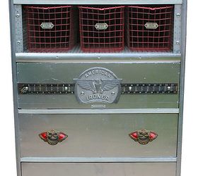 chrome amp red industrial chest of drawers, painted furniture, Three vintage gym locker metal baskets painted red are utilizing the space that the busted drawer used to be in I finished out the inside of that compartment with plywood and punched metal sheets to dress it up and protect the wood