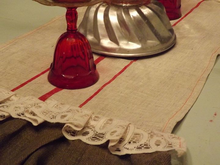 a foe grain sack table runner with some lace and ruffles, crafts, home decor