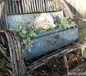 vintage galvanized tool box planter, flowers, gardening, repurposing upcycling, Vintage Galvanized Tool Box Planter on Willow Bench