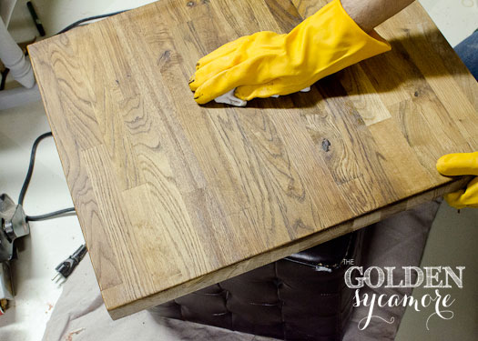 how to age galvanized metal and build your own industrial table, diy, how to, painted furniture, woodworking projects, Stain the butcher block counter top pieces to get a bit more of an worn look