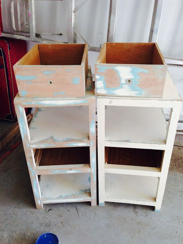 the two little bedside tables that could, painted furniture, LOTS of sanding I used an orbital sander 60 or 80 grit The tables had a lot of paint