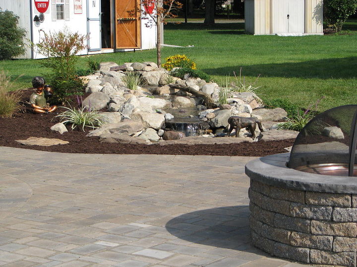 aquascape pondless and ephenry paver patio with fire pit, concrete masonry, landscape, outdoor living, ponds water features, An Aquascape Pondless waterfall transforms this EpHenry patio with fire pit into a tranquil outdoor oasis