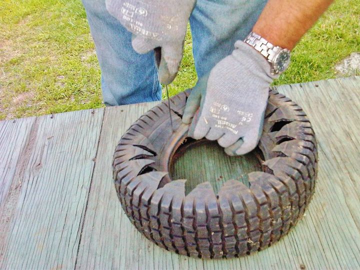 create a flower planter from an old tire, flowers, gardening, repurposing upcycling, Cutting the tire