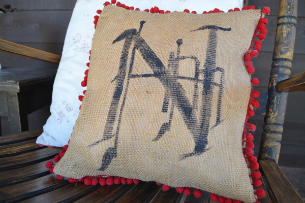 i made a burlap pillow in 15 minutes with fringe no less, crafts, Our stenciled logo ball fringe burlap pillow