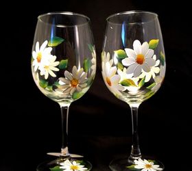 painted wine glass by brushes with a view, painting, White daisies by Brushes with A View