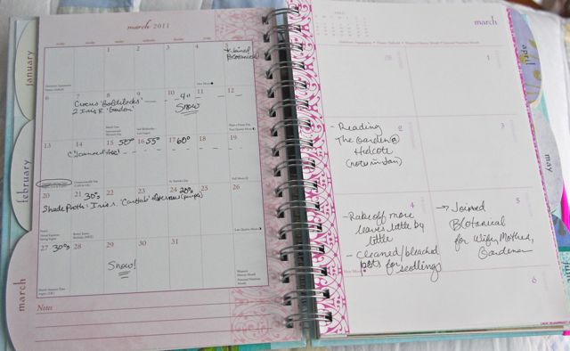 ways to use a garden journal, gardening, Left side is the whole month calender for the bloom schedule the right side is daily blocks for writing chores lists and or the jobs completed