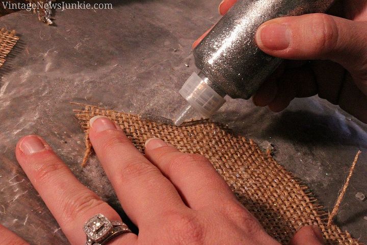 how to make a burlap flower christmas ornament video tutorial, crafts, decoupage, seasonal holiday decor, Cover burlap with Mod Podge and edge with glitter