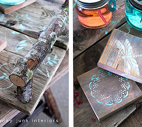 make a branch handled tray, crafts, Scrap wood pieces became coasters with added stencils to pretty them up There s even a teal leafy stencil on one corner of the tray Full tutorial is at