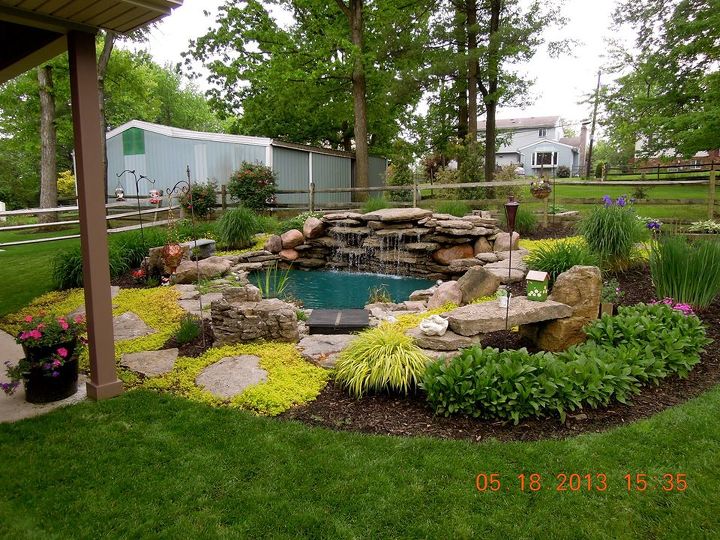 ponds water features, outdoor living, ponds water features, This is our pond that we built right off of our patio I love sitting by it listening to the waterfall back yard wildlife visitors it attracts