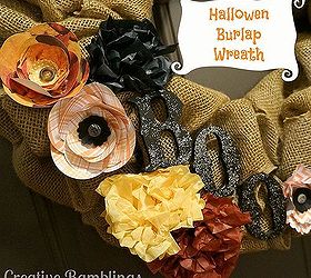 halloween burlap wreath, crafts, halloween decorations, seasonal holiday decor, wreaths, Halloween burlap wreath with paper flowers