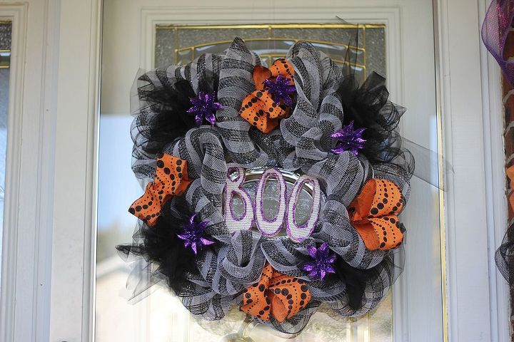 halloween front porch 2013, halloween decorations, porches, seasonal holiday decor, wreaths, The wreath features a thrifted silver tray with book page letters
