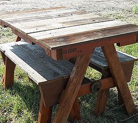 child s pallet and recycled cedar fencing picnic table, diy, outdoor furniture, outdoor living, painted furniture, pallet, woodworking projects, With the benches pushed in this table is perfect for adult gatherings for and extra table at bar b ques
