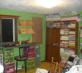 quilting room in our home we just sold a while ago, craft rooms, home decor, organizing, You can see I hung my peg board to hold rulers hammers etc went and bought a new swivel high chair started to fill the book shelves with all the material