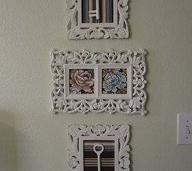 newly decorated guest room, bedroom ideas, home decor, painted furniture, Used the floral fabric and matching striped fabric in these frames After looking in several fabric stores found what I wanted in Walmart