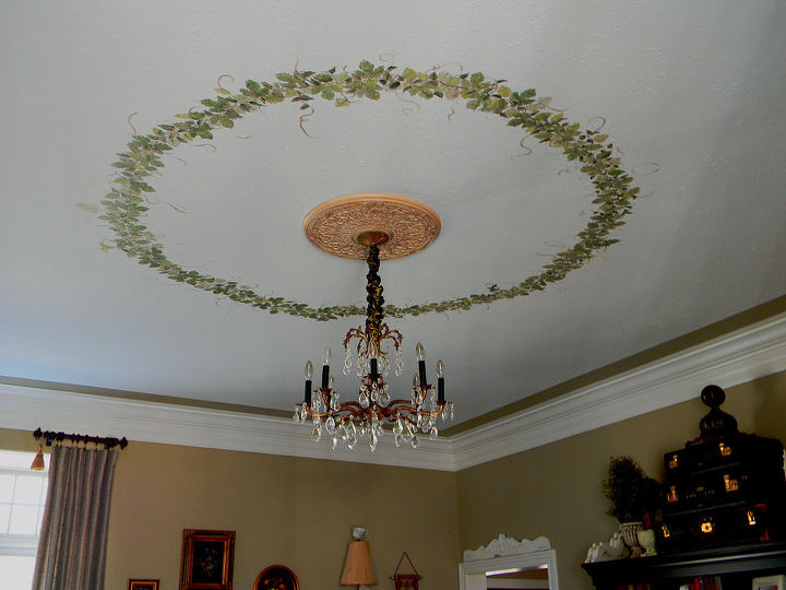 hand painted 5 1 2 foot ceiling wreath in my living room, lighting, living room ideas, painting, Hand painted 5 1 2 foot ceiling wreath