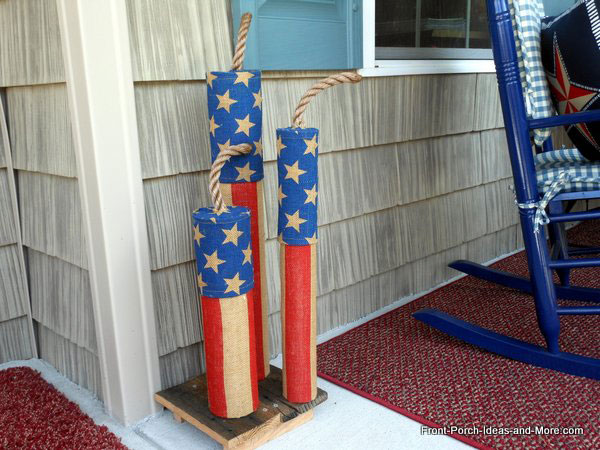 homemade firecracker burlap porch decorations, crafts, outdoor living, patriotic decor ideas, porches, seasonal holiday decor, wreaths