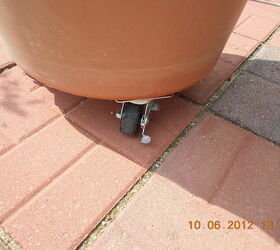 umbrella holder in a cement plant container, 2 coasters locked on the stepping stones to stay there not move