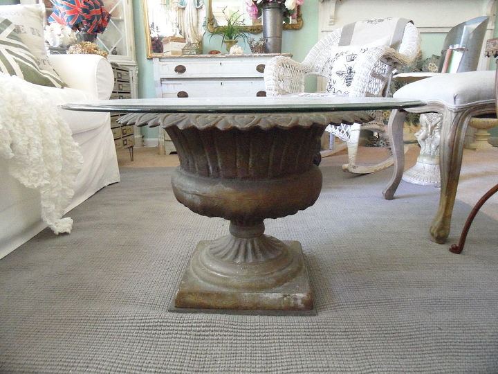 diy garden urn turned coffee table, home decor, painted furniture, repurposing upcycling, shabby chic, Simply find an antique cast iron urn and top it with glass