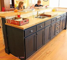 my favorite room my kitchen, countertops, doors, home decor, kitchen design, kitchen island, Black island painted in chalk paint and hand waxed gives this builder grade island a truly custom built look