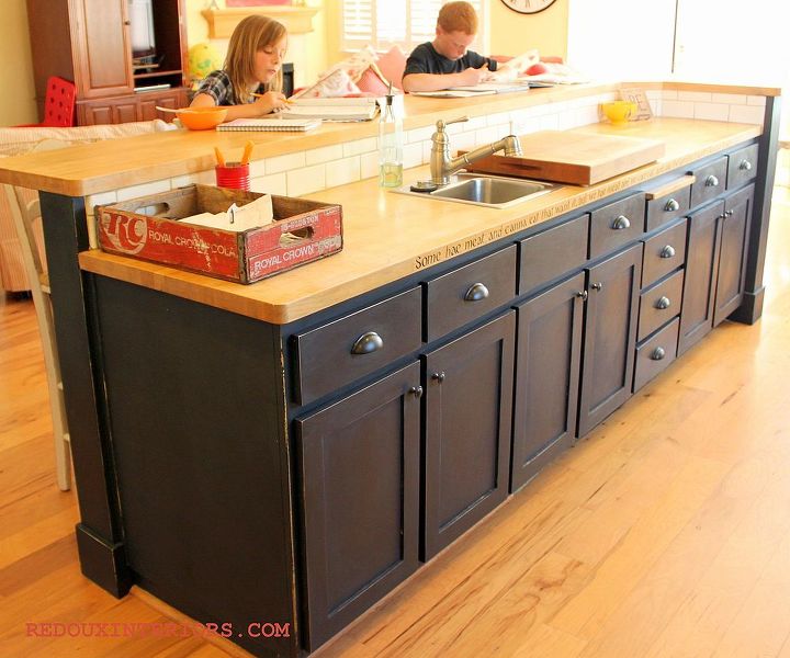 my favorite room my kitchen, countertops, doors, home decor, kitchen design, kitchen island, Black island painted in chalk paint and hand waxed gives this builder grade island a truly custom built look
