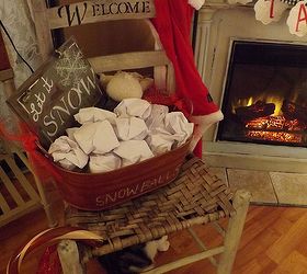 a sweet tea n salty air country christmas tour, christmas decorations, seasonal holiday decor, A vintage chair holds a bucket of snow balls