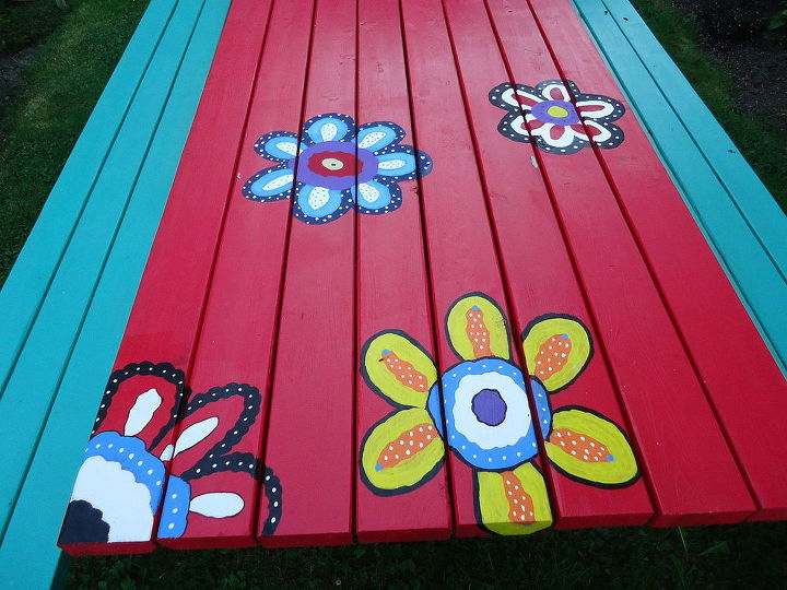 painting a unique picnic table, painted furniture, This is as far as I got last summer