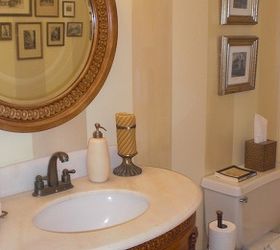 my favorite room in the house, bathroom ideas, flooring, home decor, painting, plumbing, Got a great deal on this vanity with marble top and faucet The tp holder is a tall candle sconce