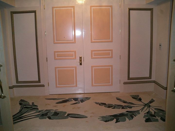 some of my clients in other countries lead a much more formal lifestyle than my, home decor, living room ideas, painted furniture, Entry with custom tropical marble design Color on the door is before the antiquing so it looks brighter than the final finish