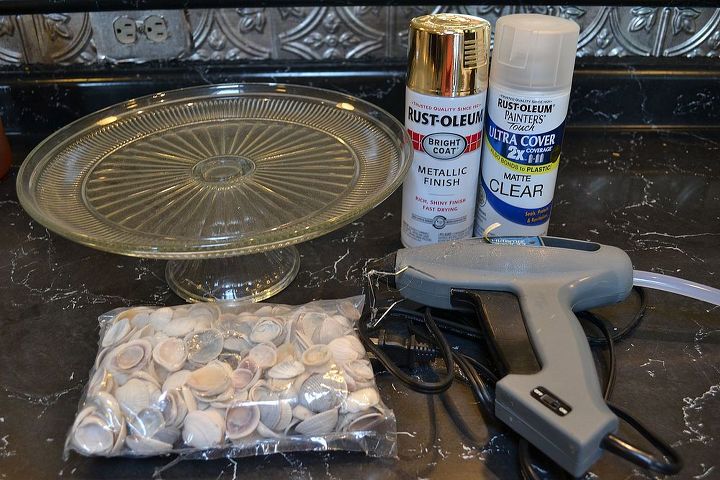 making a fabulous cake platter with shells hot glue and gold paint, crafts, The supplies needed to make this fabulous platter