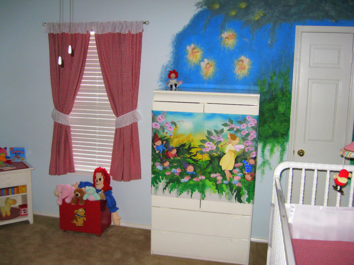 aria s room, bedroom ideas, home decor, painting, This shows the back wall with the canvas wrap on the dresser extending the Fairy Tree Accessories can be seen on the floor under the window