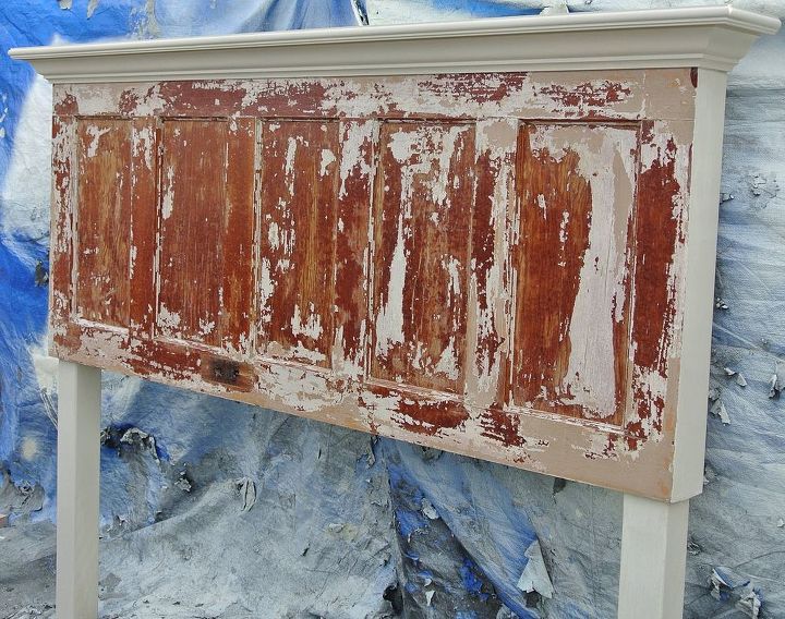king size 5 panel 85 yr old door headboard with distressed front, woodworking projects
