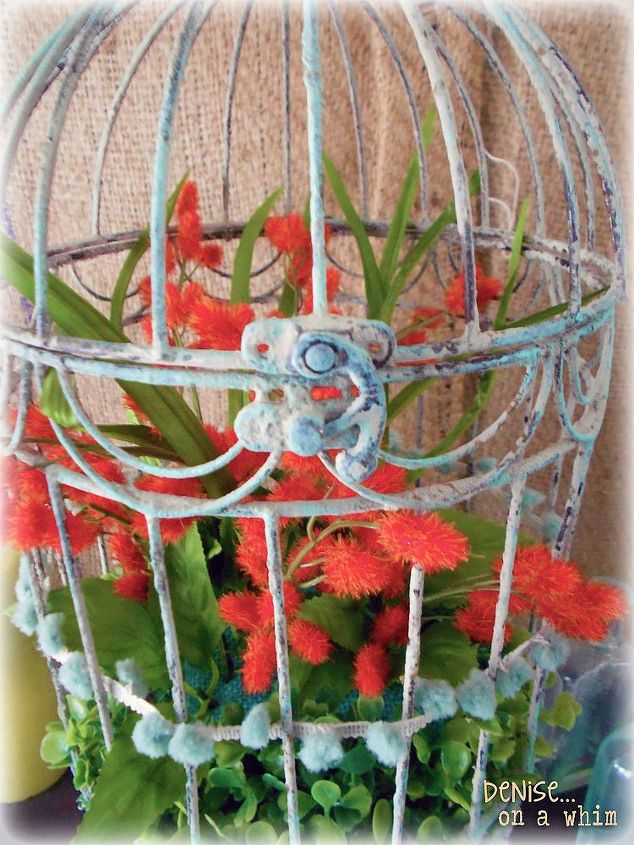 springtime birdcage anyone can make, crafts, painting, repurposing upcycling, the cage was dry brushed with paint for a hint of turquoise