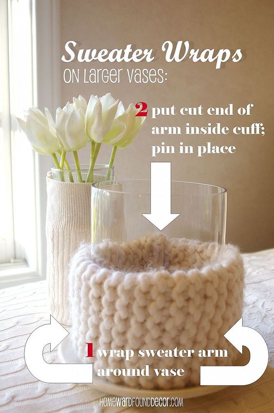 sweater wrapped vases, crafts, home decor, on a larger vase simply wrap the entire sweater arm around the vase then tuck the cut end into the cuff end and pin in place